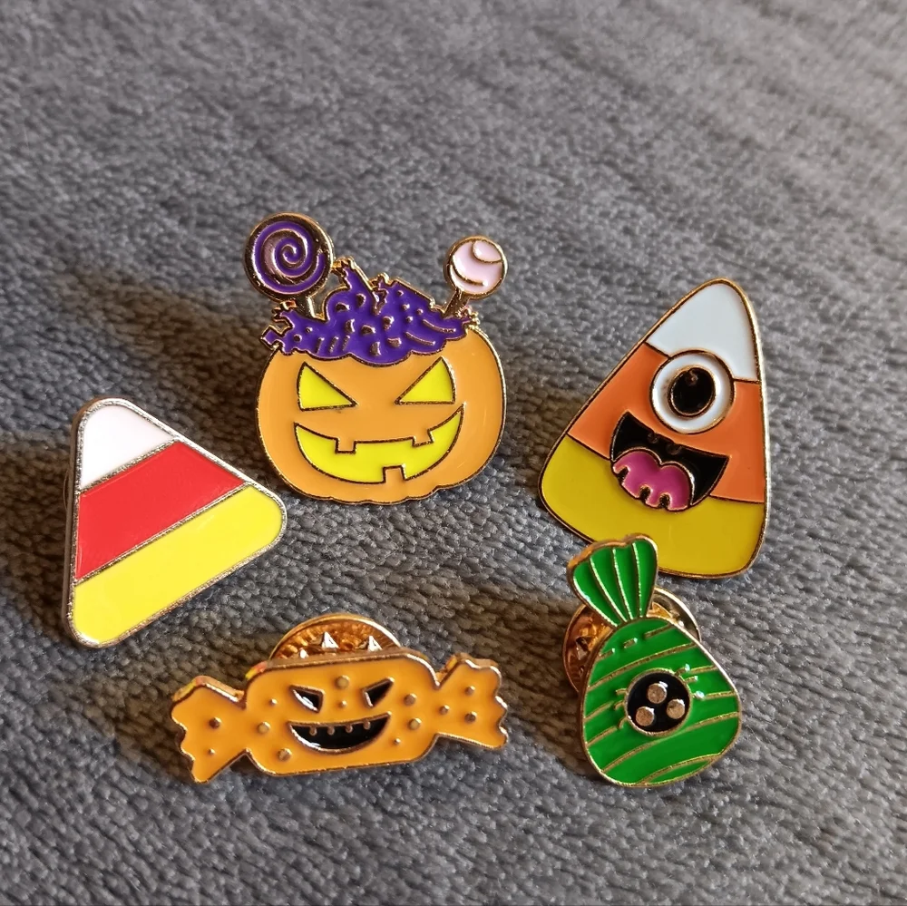 Cute Happy Halloween Candy Pin Bundle Lot Of 5, Pumpkin Corn Fall Brooches